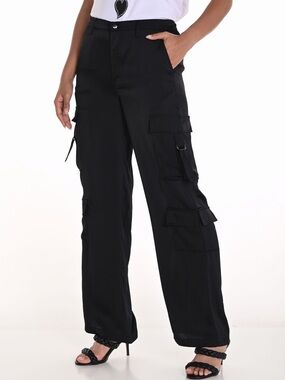 Frank Lyman Black Wide Leg Cargo Pants with Utility Pockets